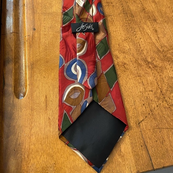 Vintage Mens Jesuis Silk Tie Necktie Red Blue Brown Tan 59” - Picture 4 of 6